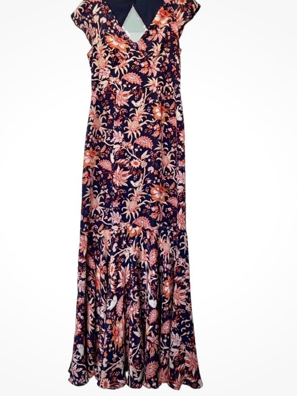 Leifsdottir Anthropologie Midnight Blue Silk Maxi Dress Coral Floral Print Size